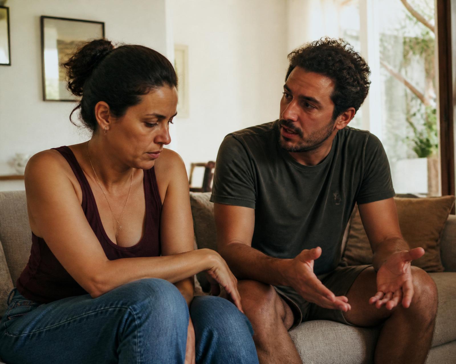 Casal conversando sobre a relação em uma sala aconchegante