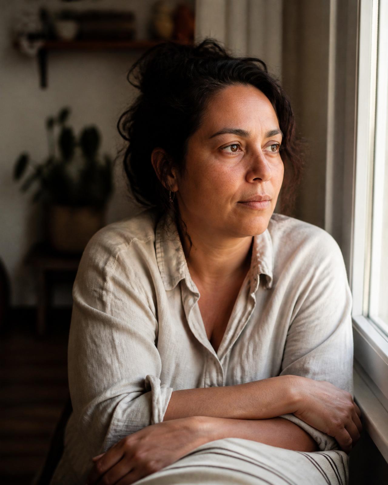 Mulher pensativa olhando pela janela